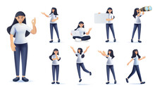 3D Set Of A Woman In Casual Clothes In Different Poses. A Character For Your Project. Vector Illustration In 3D Cartoon