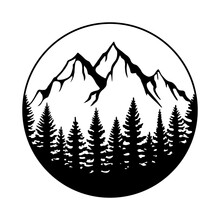 Forest And Mountain In A Circle, Pine Trees And Hills, Hand Drawn Vector Illustration