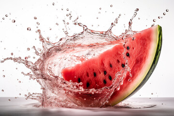 Watermelon and water splash isolated on white. Ripe watermelon slices and splashes. Fresh watermelon falling in water. Realistic 3D illustration. Generative AI