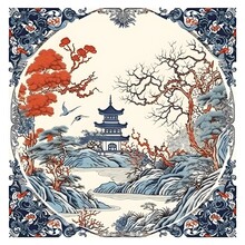  Ancient Famous Chinese Painting With Brocade Seamless Batik Pattern White Background