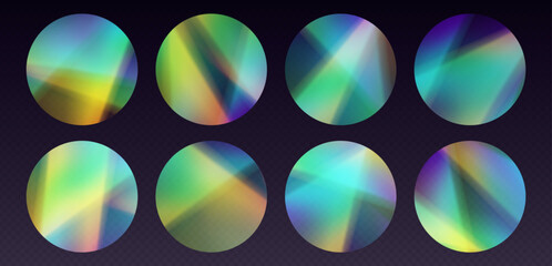 Canvas Print - Crystal refraction stickers, leak flare, rainbow sunlight effect, holographic reflections in circle shape. Blurred optical rays, vintage camera glares. Vector illustration.