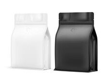 White And Black Stand-up Pouch Bags With Flat Bottom Side Gusseted And Air Valve. Realistic Mockup. Half Side View. Perfect For The Presentation Your Product. EPS10.	