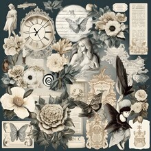 Seamless Illustration Of Minmalist Bold Ephemera PNG Elements Featuring Transparent Scrapbook Clippings, Flowers, Stamps, Angels And Aesthetic Art Stickers