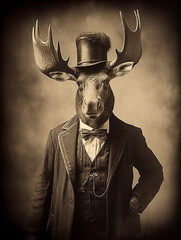 Wall Mural - Antique Photo of a Moose Dressed as a Gentleman in a Suit and Top Hat | Generative AI