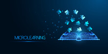 Microlearning, Gamification In Education Futuristic Concept With Open Book And Jigsaw Puzzle Pieces