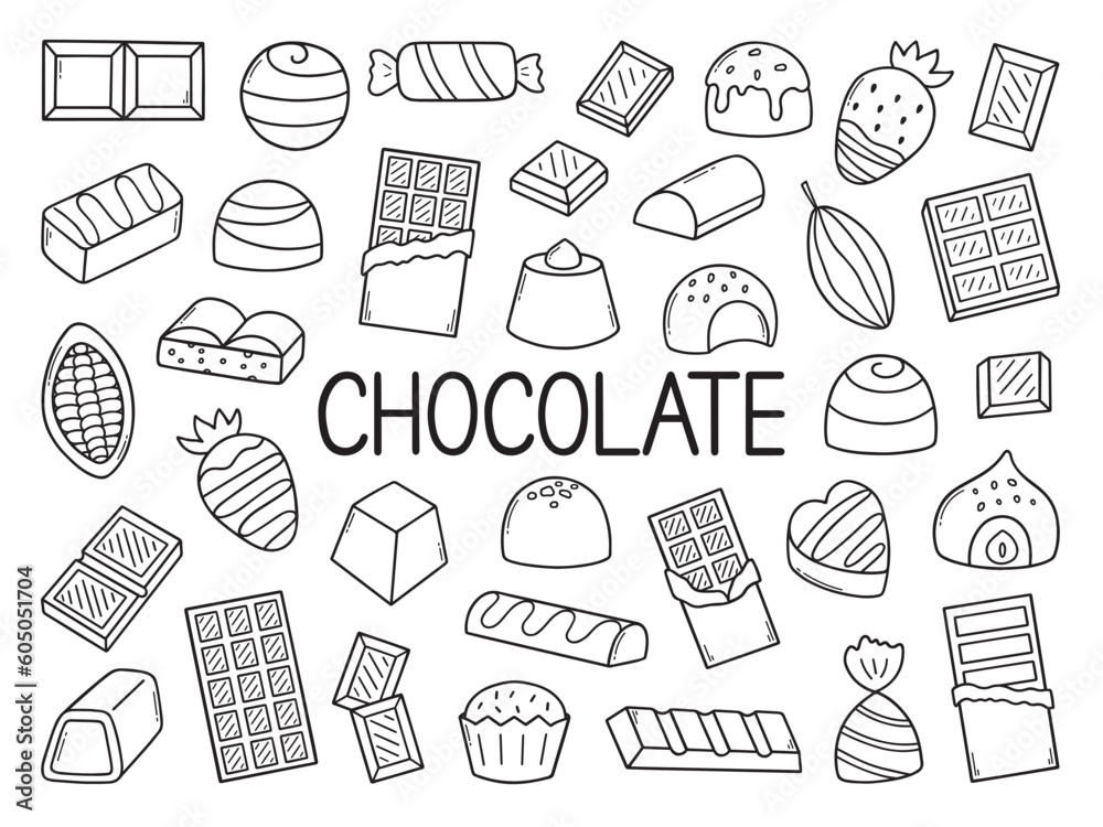 Chocolate doodle set. Different kinds of chocolate. Cocoa bean ...