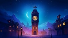 Clock, The Clock Tower In The Town Square Was A Popular Landmark, Fantasy With, Illustration Design, Glitter, Twinkle, Fantasy Background, Bright Atmosphere, Bright Mood,