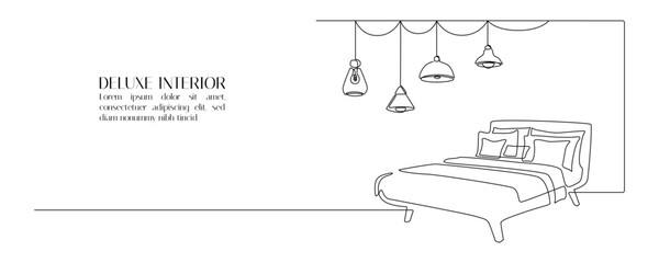 Aufkleber - Double bed with loft lamp in continuous one line drawing. Scandinavian stylish furniture for cozy bedroom in simple linear style. Editable stroke. Doodle vector illustration