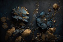 Subtly Textured Blue And Gold Painted Flowers Dark Moody Background. Generative AI AIG15.