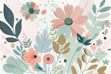Wall Mural - Summer background with flowers and leaves in pastel colors. Generative AI.