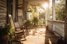 Rustic Southern Porch With Tree Shade, Rocking Chairs, And Warm Sunlight. Generative AI