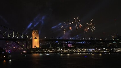 Poster - Scenic Australia Day fireworks in city of Sydney at night over Bridge as 4k.
