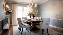 Interior design inspiration of Transitional Glam style home dining room loveliness decorated with Marble and Velvet material and Chandelier .Generative AI home interior design .