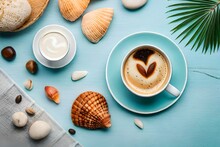 Espresso Coffee With Sea Stones And Sea Shells Isolated On Pastel Blue