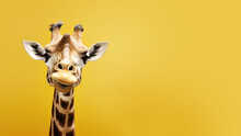 Advertising Portrait, Banner, Spotted Giraffe On The Left Side Of The Frame, With A Surprised Look, Isolated On A Neutral Yellow Background. Generated Ai.