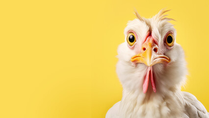advertising portrait, banner, white chicken with pink accents, looking seriously straight into the c