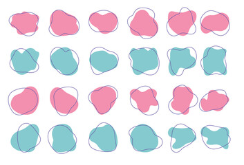Pack of abstract colorful liquid shapes isolated on white backdrop. Vector random oval pink and blue stains and drops