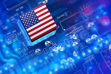 American Flag On PCB. Digital Boards With USA Logo. High-tech Industry In America. Production Of Digital Boards. Manufacturing Of Microprocessors. Technology Development In USA. 3d Image