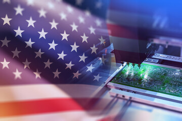 Wall Mural - Microelectronics in USA. Microchip with America flag. Processor manufacturing in USA. US national symbol. Fragment of machine for manufacturing of microchips. Microelectronics industry.