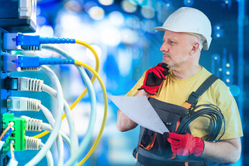 Poster - setting up network equipment. man thought. industrial system administrator. setting up internet equi