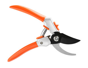 Wall Mural - Secateurs with orange handles isolated on white, top view. Gardening tool