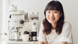 © buritora - コーヒーマシンの前でコーヒーを飲む女性・カフェ経営（Generative AI）