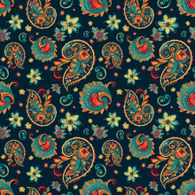 Paisley Ethnic Pattern Design. Floral Pattern With Paisley And Indian Flower Motifs. Damask Style Texture Fabric For Textil And Decoration