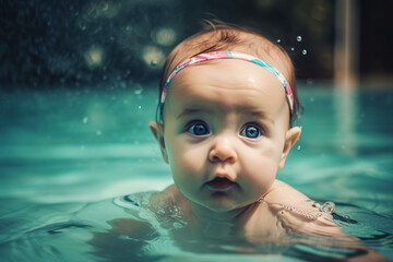 Baby swimming. Fictitious person. An image with a fictional person, not based on real people. Generative AI