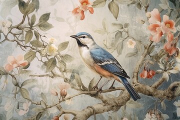 Naklejka na meble chinese painting pattern with cherry blossoms and a bird, in the style of hyperrealistic murals