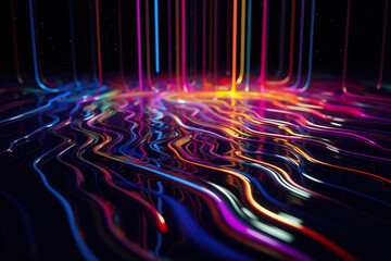 Abstract neon background in neon color pattern with lines and drops. Vibrant neon liquid background. Abstract lines and dropplets texture background. Realistic 3D illustration. Generative AI