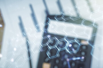 Poster - Abstract virtual wireless technology hologram with hexagon on calculator background. Big data and database concept. Multiexposure