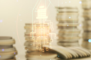 Poster - Double exposure of virtual creative light bulb hologram with chip on growing stacks of coins background, idea and brainstorming concept
