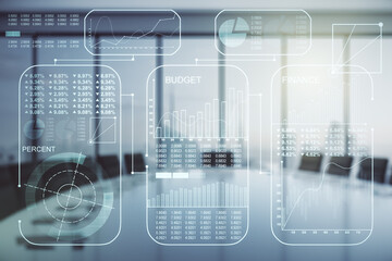 Poster - Abstract virtual analytics data spreadsheet on a modern coworking room background, analytics and analysis concept. Multiexposure
