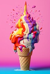 illustration of a colourful ice cream cone that's melting on a pink and background created with gene