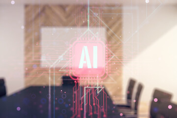 Aufkleber - Creative artificial Intelligence symbol hologram on a modern coworking room background. Double exposure