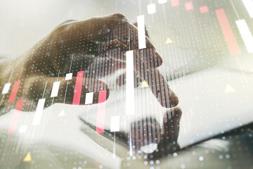 Aufkleber - Multi exposure of abstract creative financial graph with world map and finger presses on a digital tablet on background, forex and investment concept