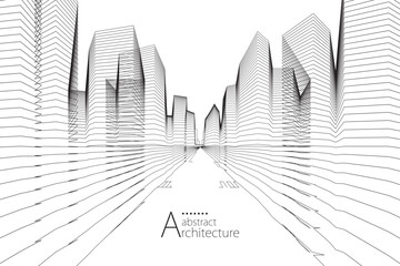 Wall Mural - 3D illustration, abstract modern urban landscape line drawing, imaginative architecture building construction perspective design.