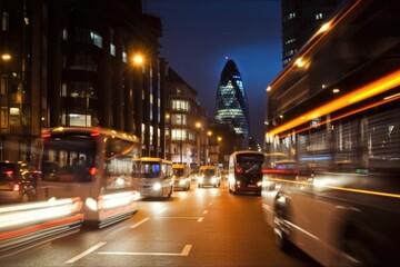 Wall Mural - Busy city street at night, fast cars and bus in blur motion. Generative AI AIG18.