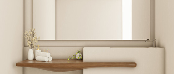 Wall Mural - Interior design of a modern minimal bathroom vanity top in white and wood style