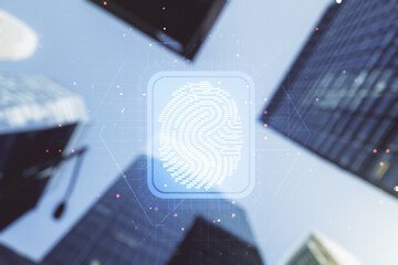 Aufkleber - Multi exposure of virtual graphic fingerprint sketch on modern architecture background, fingerprint scan data concept