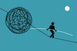 Person successfully walk over a chaotic and dangerous tightrope challenge. Vector illustrations clip art depicts concept of effort, success, daring, risk, difficult, and balance.