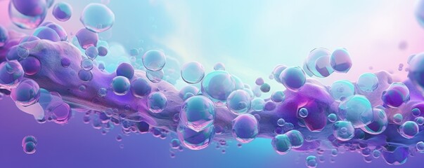 Wall Mural - horizontal underwater bubbles, in lavender and turquoise water, abstract, photorealistic illustrations for a product display background cutout in JPG. 10:4 aspect. Generative AI