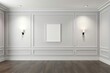 Empty picture frame in modern and contemporary living room with wainscoting using generative AI
