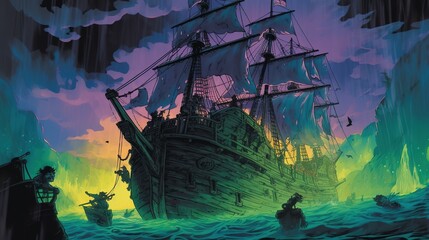 A horror scene set in a ghost ship with a cursed treasure and undead pirates. Fantasy concept , Illustration painting. Generative AI