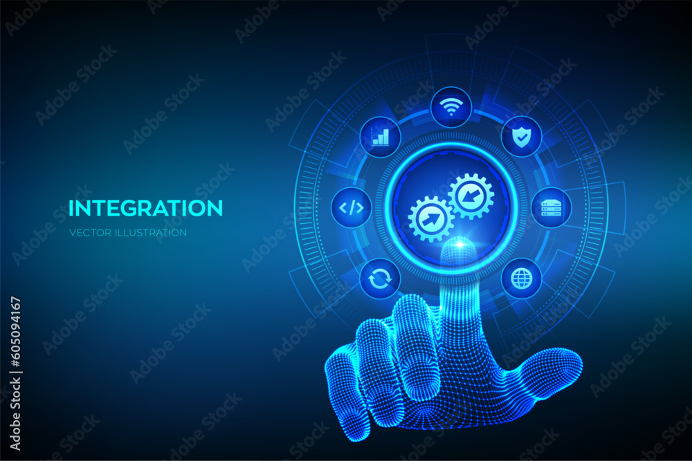 Integration data system. System Integration concept on virtual screen ...