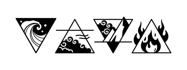 Four elements logo, earth, air, fire, water icon, alchemical elements for zodiac sign, astrology triangular esoteric symbols. Mystical vector illustration isolated on white background.