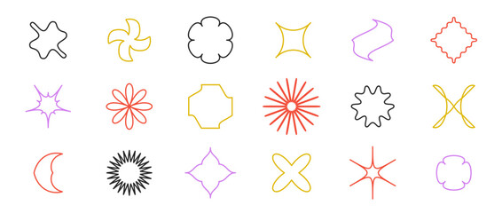 Leinwandbilder - Abstract outline stars, flowers, waves, crosses shapes set. Primitive line geometric forms collection in Swiss, bauhaus or Memphis style. Elements bundle for poster, banner, collage. Vector sign pack