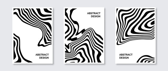 Poster - Abstract wavy lines posters set. Fluid undulate shapes banner pack. Black and white universal curved stripes template. Futuristic design concept for cover, invitation, brochure, flyer. Vector.