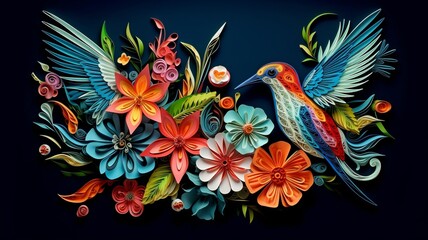 Naklejka na meble Beautiful summer blooms, butterflies, and hummingbirds in 3D against a background of dark, vibrant colors.  GENERATE AI..