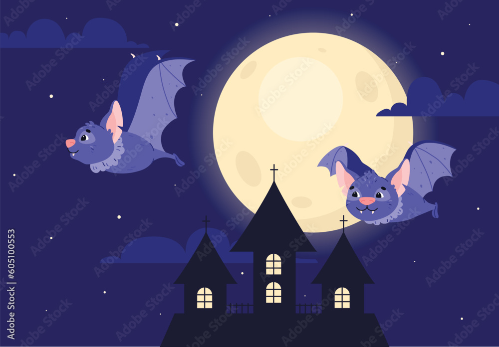 Cute bats flying in front of full moon and gothic castle, cartoon flat ...